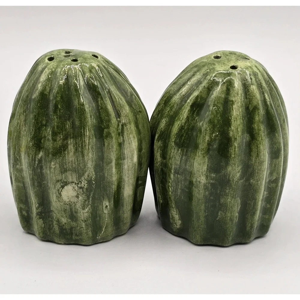 Vtg Cactus Japan Ceramic Salt and Pepper Shakers Green Dessert Cactus Festive‎